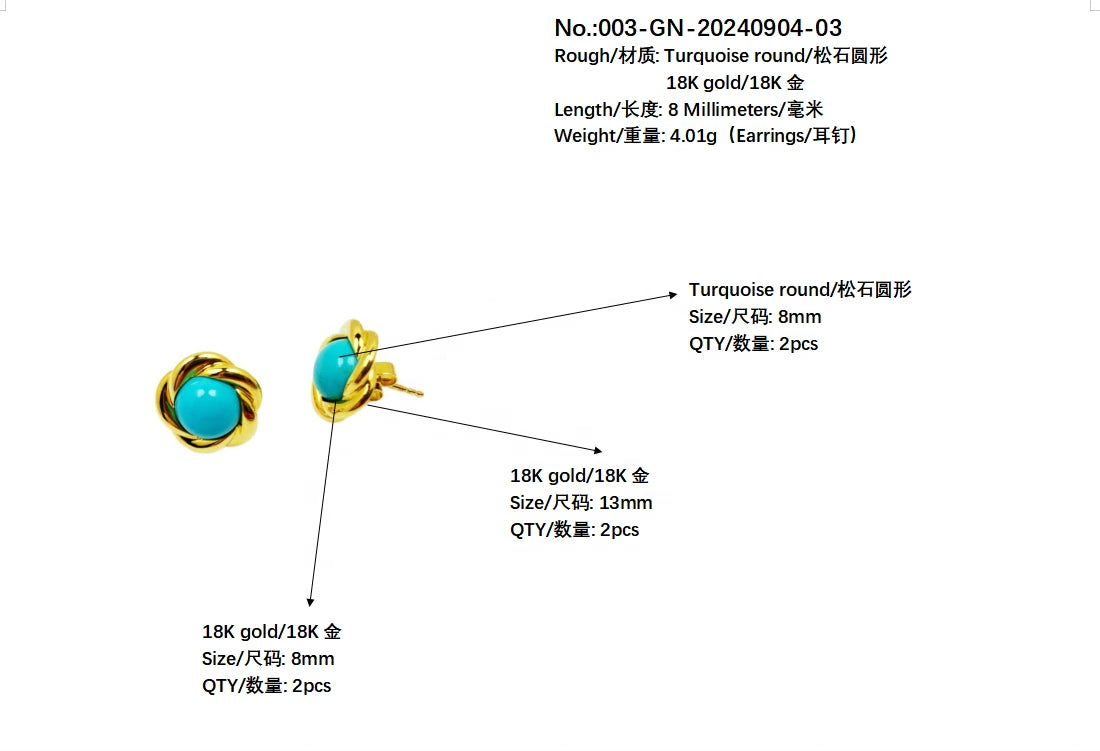 18k Gold Natural Electrolytic Turquoise Round Earrings Sleeping Beauty Mine Exquisite Jewelry Female Earrings As Gift Summer