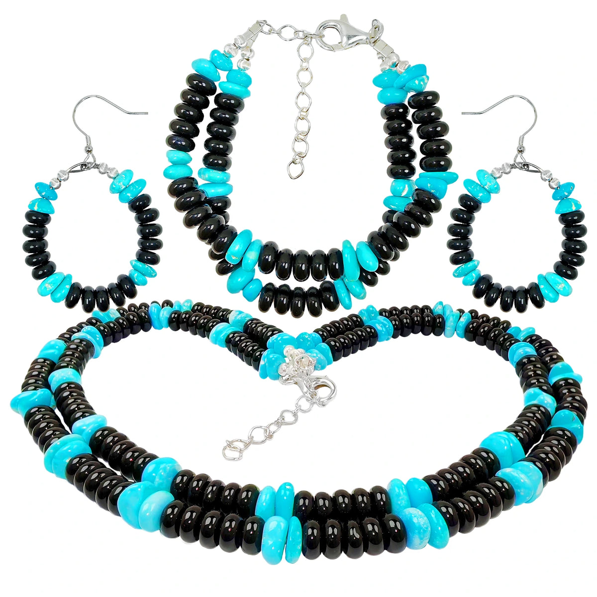 Obsidian S925 Silver Sterling Treatment Turquoise Create Set Double Design Unifies Style Comprehensively Fashionable Mysterious