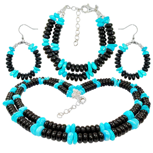 Obsidian S925 Silver Sterling Treatment Turquoise Create Set Double Design Unifies Style Comprehensively Fashionable Mysterious