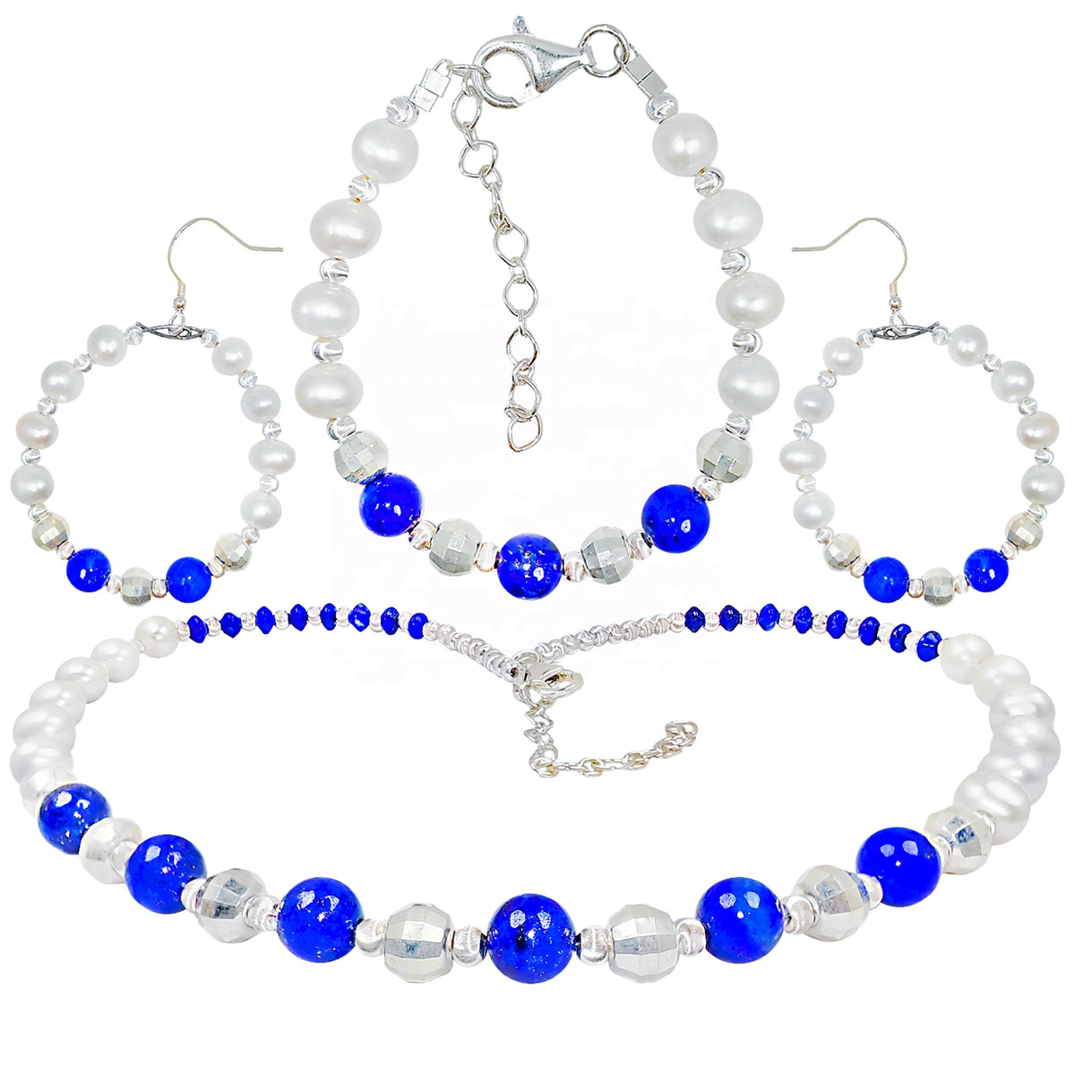Jewelry Three-piece Set Natural Lapis Lazuli Beads Pearls Perfect Combination Bracelets Necklaces Earring Jewelry Handmade