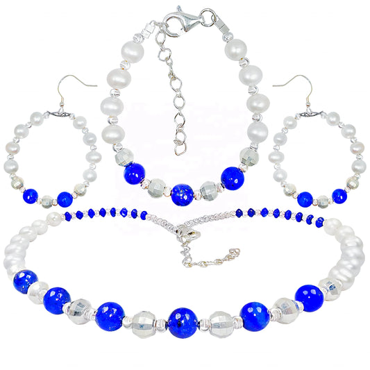 Jewelry Three-piece Set Natural Lapis Lazuli Beads Pearls Perfect Combination Bracelets Necklaces Earring Jewelry Handmade
