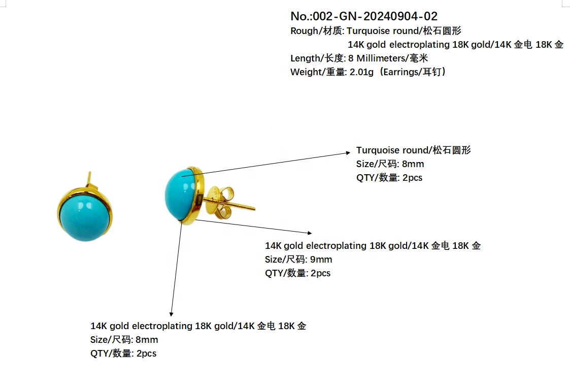 14k Gold Electrolysis 18k Gold Sleeping Beauty Mine Natural Electrolytic Turquoise Round Earrings Jewelry Accessories For Women
