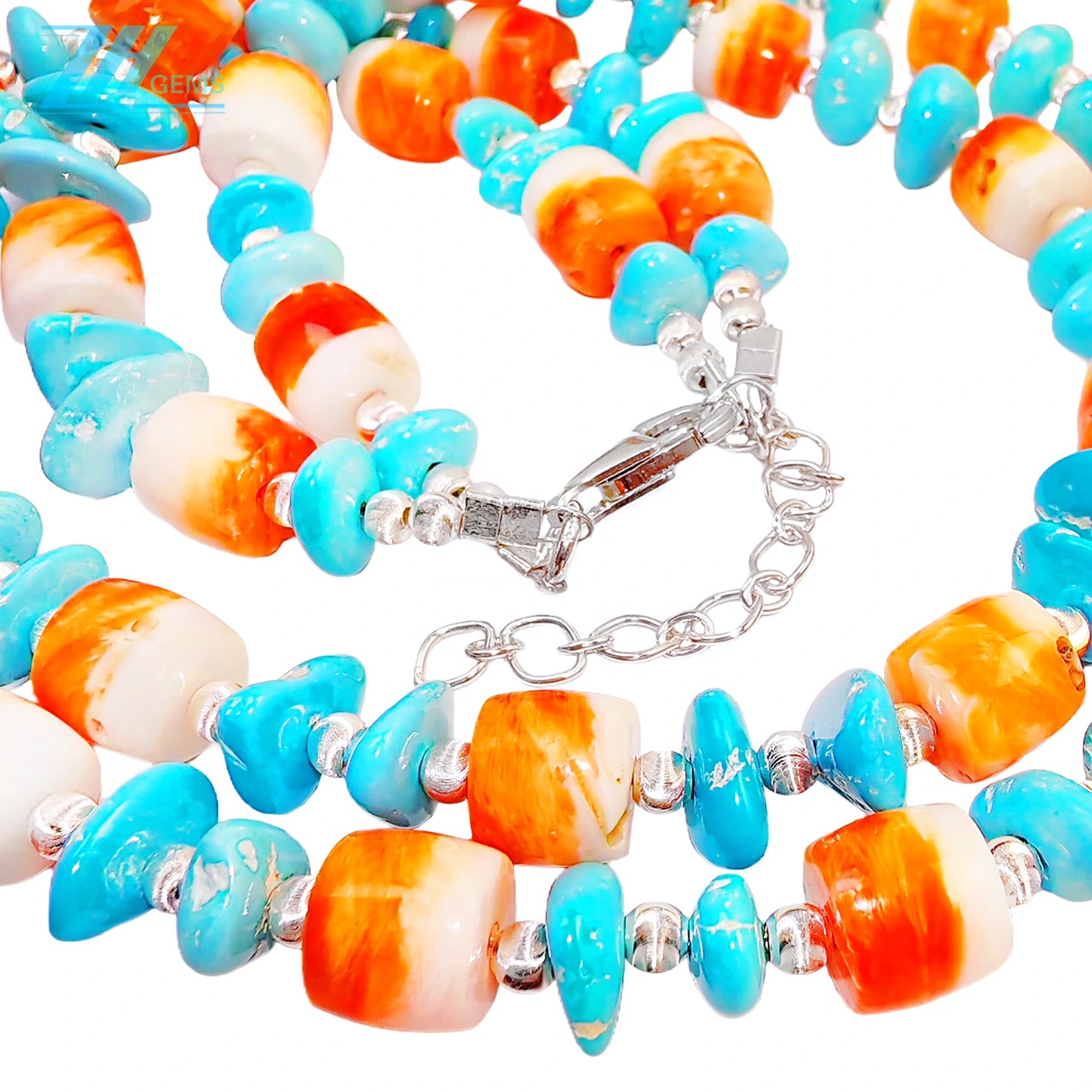The Double Layer Design Combines Natural Sterling Treatment Turquoise With S925 Silver Beads With Orange Spiny Oyster Dotted