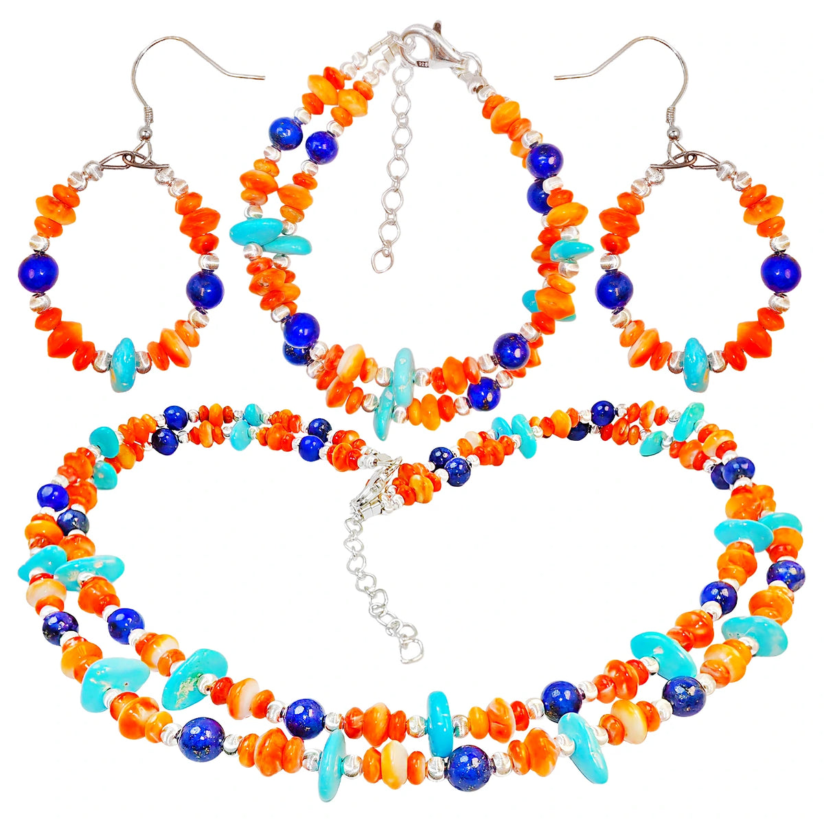 The Set Turquoise Lapis Lazuli Orange Spiny Oyster And S925 Silver Has A Coordinated Double Layer Design It Comprehensively