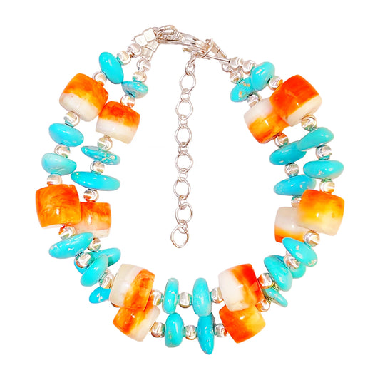 Made Of S925 Silver And Natural Sterling Treatment Turquoise This Double Layer Bracelet Is Paired With Orange Spiny Oyster
