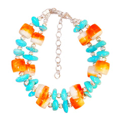 Made Of S925 Silver And Natural Sterling Treatment Turquoise This Double Layer Bracelet Is Paired With Orange Spiny Oyster