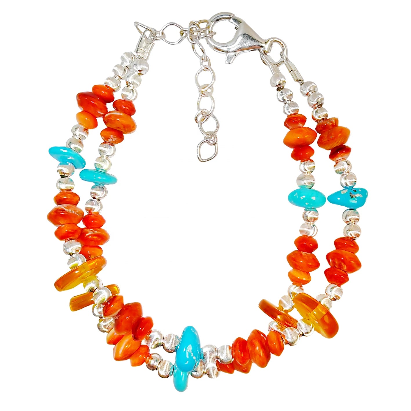 Natural Orange Spiny Oyster Amber And Turquoise Meet On The S925 Silver Double Layer Bracelet Weaving A Unique
