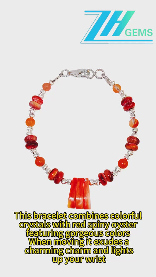 This Bracelet Combines Colorful Crystals With Red Spiny Oyster Featuring Gorgeous Colors When Moving It Exudes