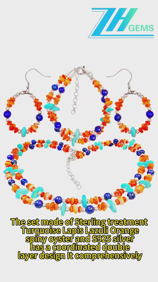 The Set Turquoise Lapis Lazuli Orange Spiny Oyster And S925 Silver Has A Coordinated Double Layer Design It Comprehensively