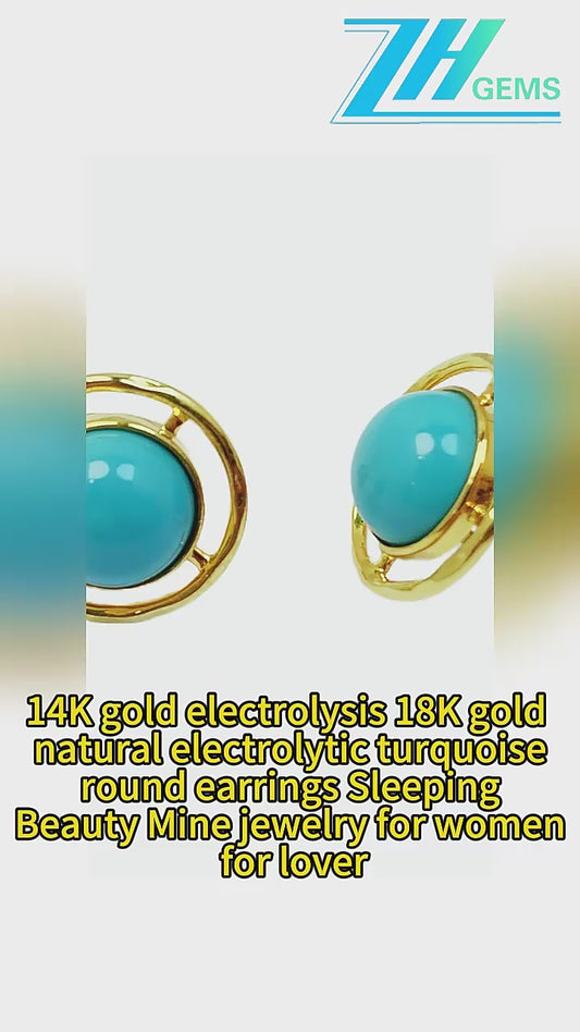 14k Gold Electrolysis 18k Gold Natural Electrolytic Turquoise Round Earrings Sleeping Beauty Mine Jewelry For Women For Lover
