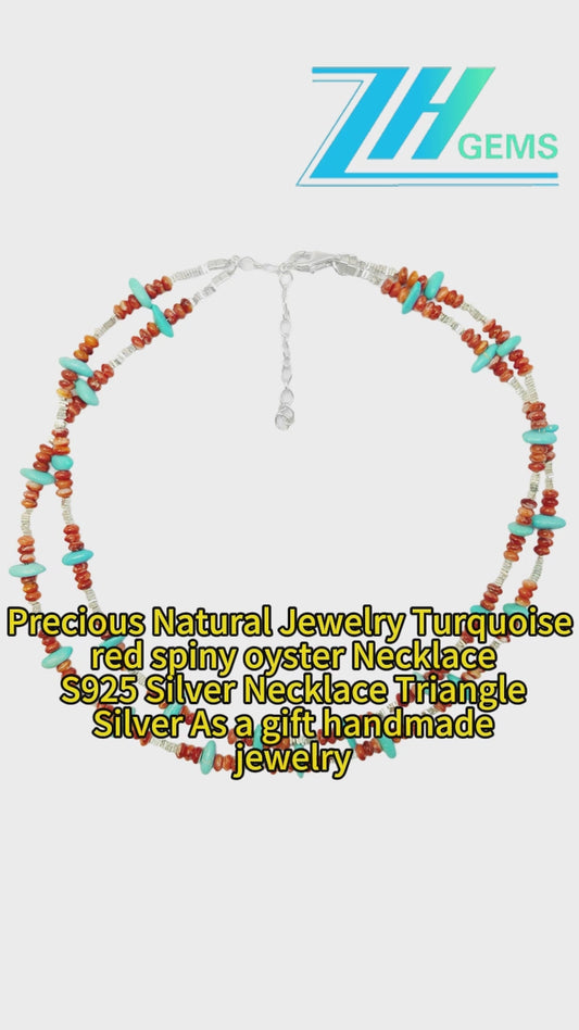 Precious Natural Jewelry Turquoise Red Spiny Oyster Necklace S925 Silver Necklace Triangle Silver As A Gift Handmade Jewelry