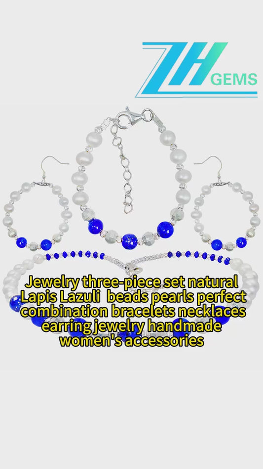 Jewelry Three-piece Set Natural Lapis Lazuli Beads Pearls Perfect Combination Bracelets Necklaces Earring Jewelry Handmade