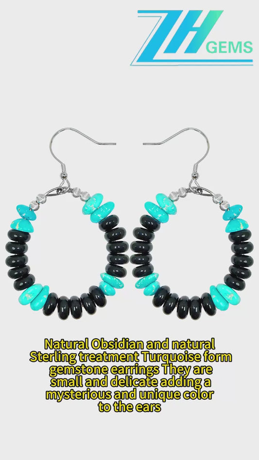 Natural Obsidian and natural Sterling treatment Turquoise form gemstone earrings They are small and delicate adding a mysterious and unique color to the ears