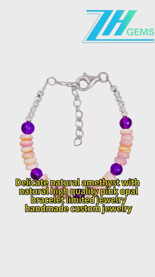 Delicate Natural Amethyst With Natural High Quality Pink Opal Bracelet Limited Jewelry Handmade Custom Jewelry