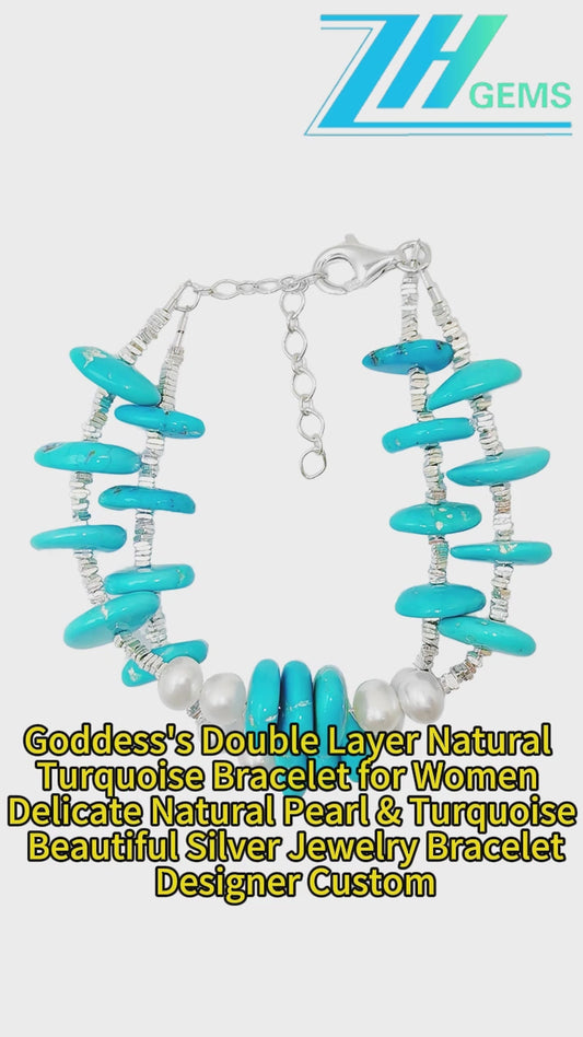 Goddess's Double Layer Natural Turquoise Bracelet For Women Delicate Natural Pearl & Turquoise Beautiful Silver Jewelry