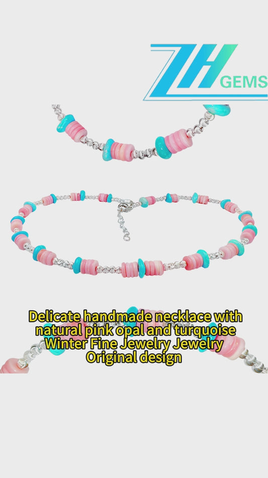 Delicate Handmade Necklace With Natural Pink Opal And Turquoise Winter Fine Jewelry Jewelry Original Design