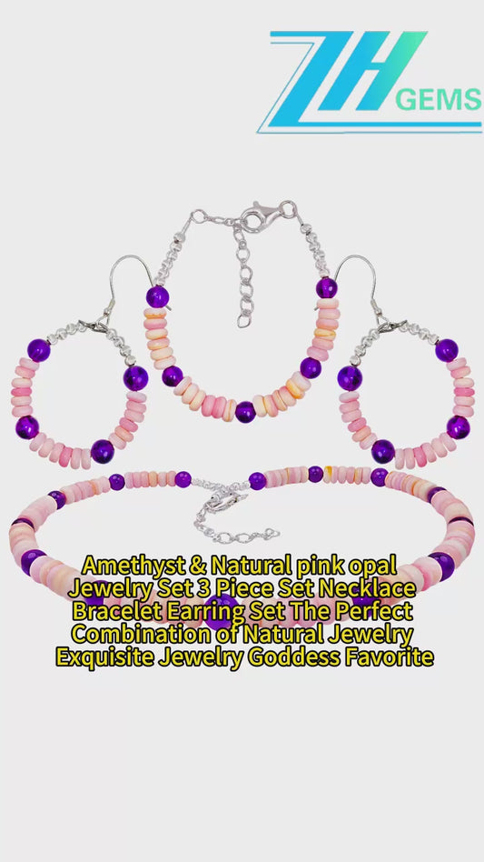 Amethyst & Natural Pink Opal Jewelry Set 3 Piece Set Necklace Bracelet Earring Set The Perfect Combination Of Natural
