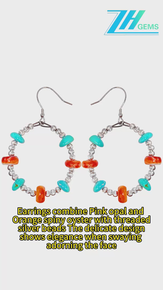 Earrings Combine Pink Opal And Orange Spiny Oyster With Threaded Silver Beads The Delicate Design Shows Elegance When Swaying