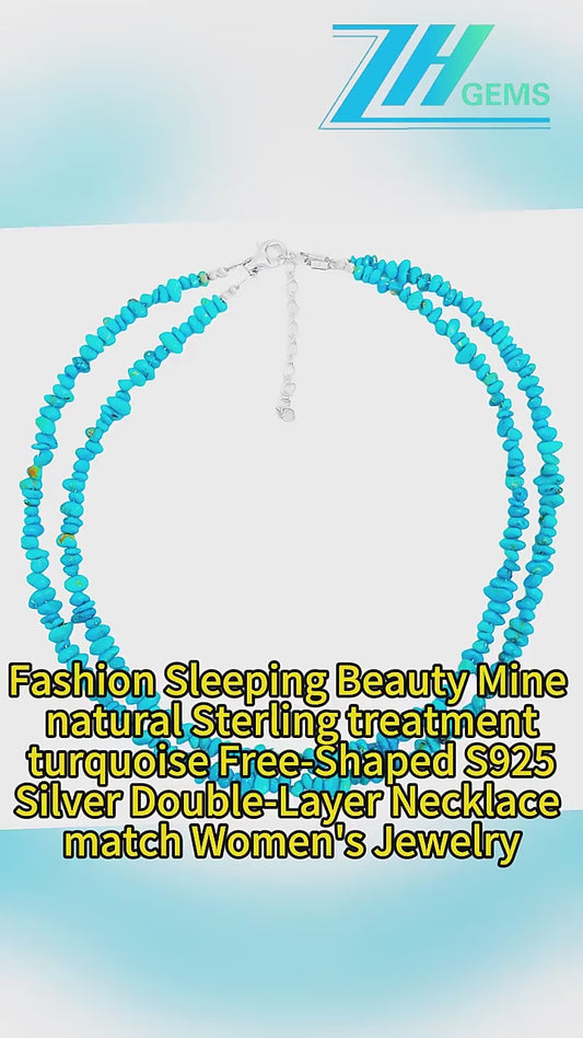 Fashion Sleeping Beauty Mine Natural Sterling Treatment Turquoise Free-shaped S925 Silver Double-layer Necklace