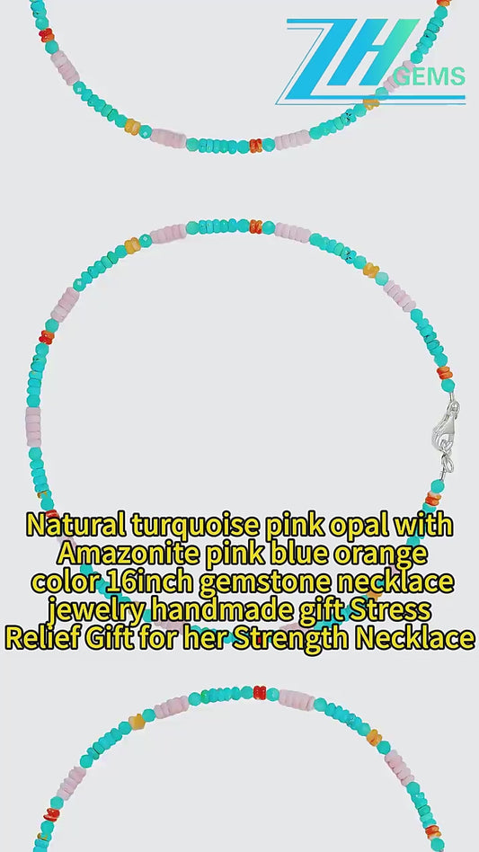 Natural Turquoise Pink Opal With Amazonite Pink Blue Orange Color 16inch Gemstone Necklace Jewelry Handmade Gift Stress Relief