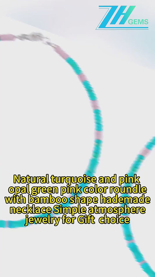 Natural Turquoise And Pink Opal Green Pink Color Roundle With Bamboo Shape Handmade Necklace Simple Atmosphere Jewelry For Gift
