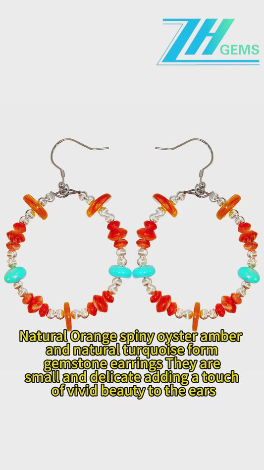 Natural Orange Spiny Oyster Amber And Natural Turquoise Form Gemstone Earrings They Are Small And Delicate Adding A Touch