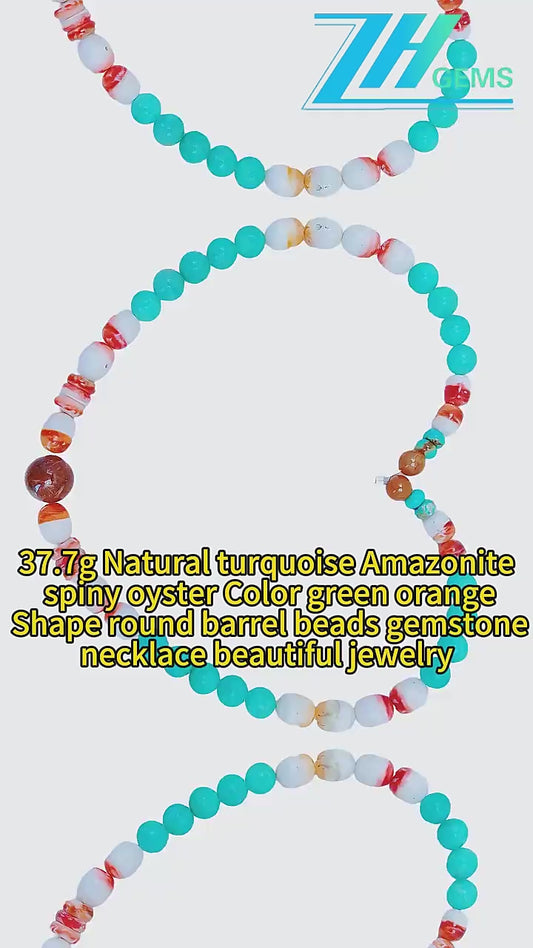 37.7g Natural Turquoise Amazonite Spiny Oyster Color Green Orange Shape Round Barrel Gemstone Necklace Beautiful Jewelry
