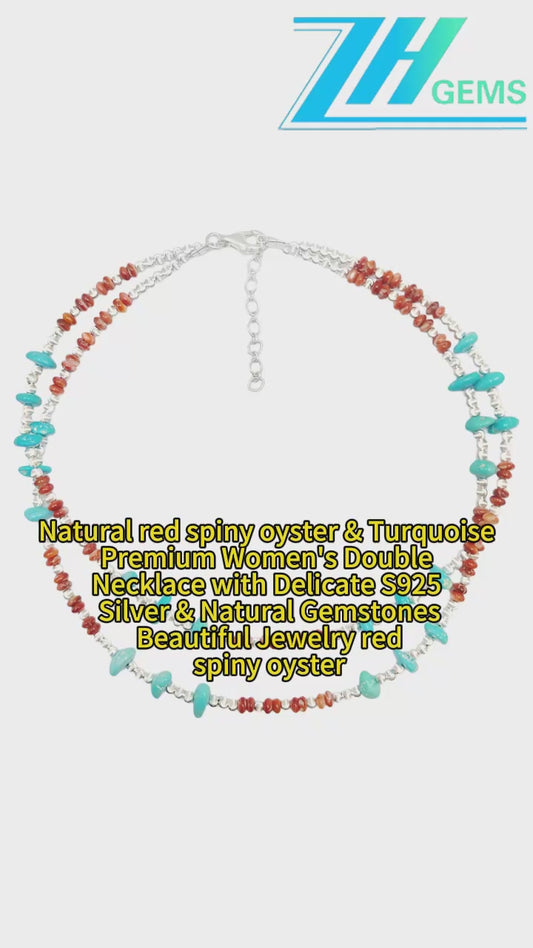 Natural Red Spiny Oyster & Turquoise Premium Women's Double Necklace With Delicate S925 Silver & Natural