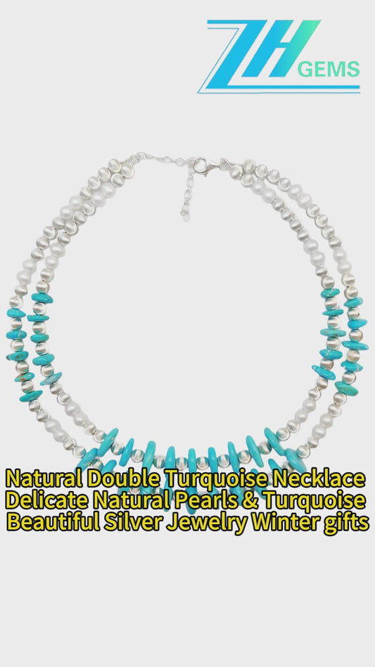 Natural Double Turquoise Necklace Delicate Natural Pearls & Turquoise Beautiful Silver Jewelry Winter Gifts