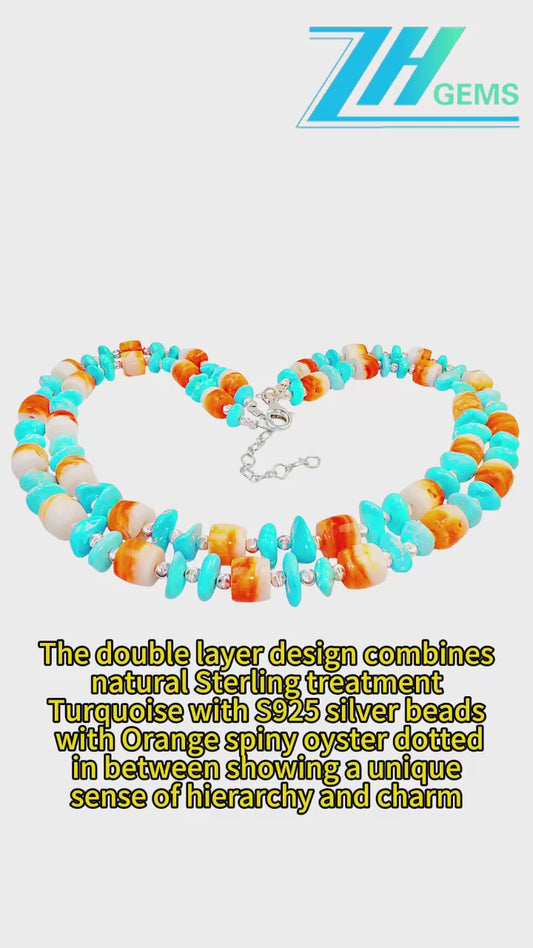 The Double Layer Design Combines Natural Sterling Treatment Turquoise With S925 Silver Beads With Orange Spiny Oyster Dotted