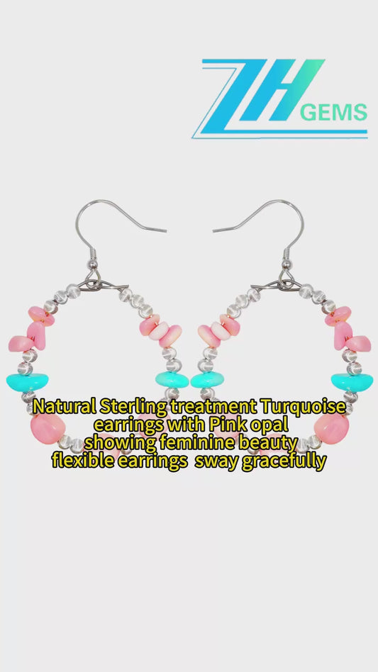 Natural Sterling Treatment Turquoise Earrings With Pink Opal Showing Feminine Beauty Flexible Earrings Sway Gracefully