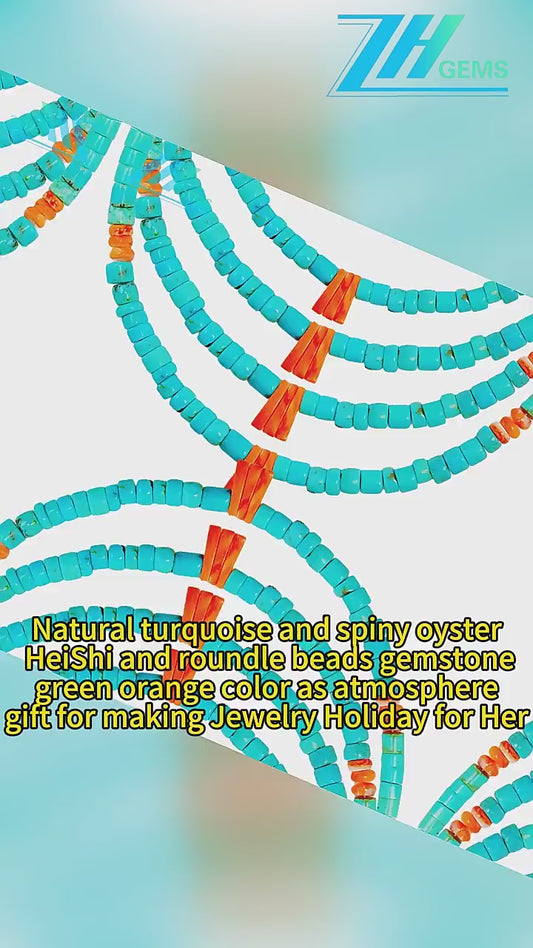 Natural Turquoise And Spiny Oyster Heishi And Roundle Beads Gemstone Green Orange Color As Atmosphere Gift For Making Jewelry