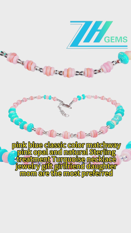 Pink Blue Classic Color Matchway Pink Opal And Natural Turquoise Necklace Jewelry Gift Girlfriend Daughter Most Preferred