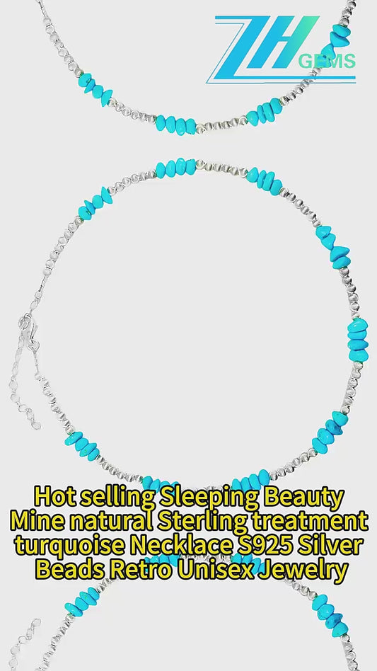 Hot Selling Sleeping Beauty Mine Natural Sterling Treatment Turquoise Necklace S925 Silver Beads Retro Unisex Jewelry