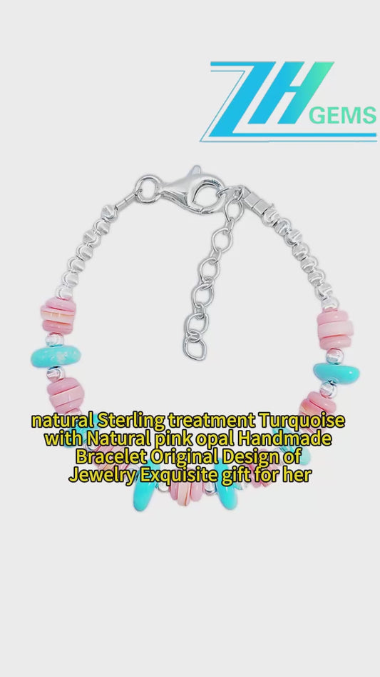 Natural Sterling Treatment Turquoise With Natural Pink Opal Handmade Bracelet Original Design Of Jewelry Exquisite Gift For Her