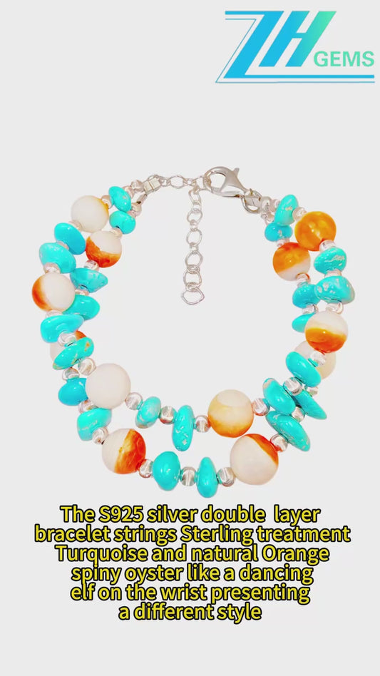The S925 Silver Double Layer Bracelet Strings Sterling Treatment Turquoise And Natural Orange Spiny Oyster Like A