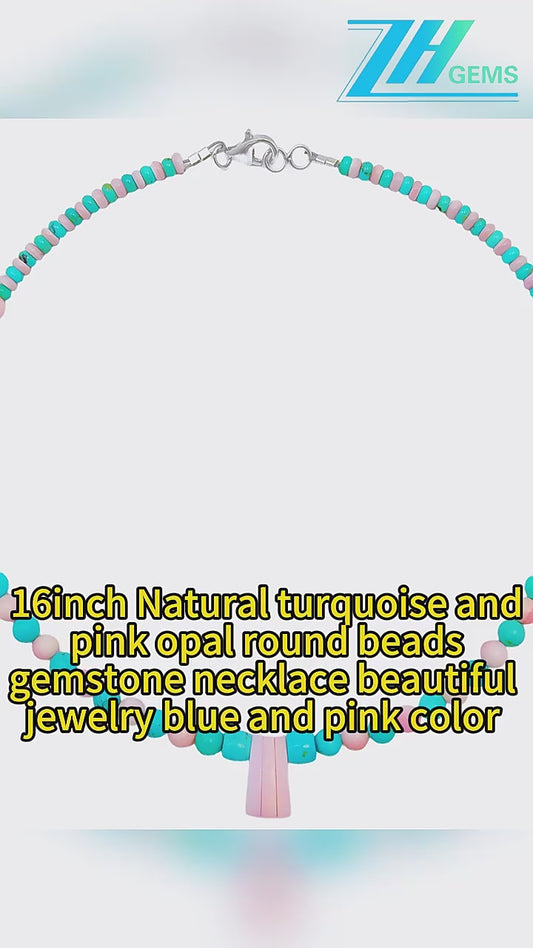 16inch Natural Turquoise And Pink Opal Round Beads Gemstone Necklace Beautiful Jewelry Blue And Pink Color