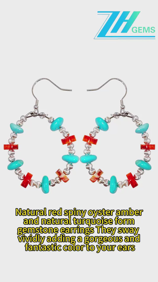 Natural Red Spiny Oyster Amber And Natural Turquoise Form Gemstone Earrings They Sway Vividly Adding A Gorgeous