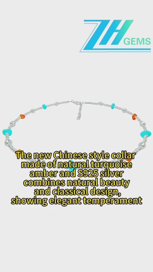 New Chinese Style Collar Made Of Natural Turquoise Amber And S925 Silver Combines Natural Beauty And Classical Design Showing