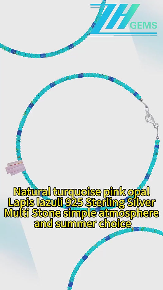 Natural Turquoise Pink Opal Lapis Lazuli 925 Sterling Silver Multi Stone Simple Atmosphere And Summer Choice