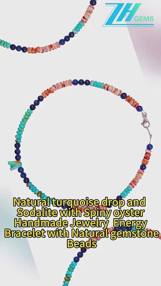 Natural Turquoise Drop And Sodalite With Spiny Oyster Handmade Jewelry Energy Bracelet With Natural Gemstone Beads