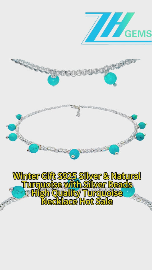 Winter Gift S925 Silver & Natural Turquoise With Silver Beads High Quality Turquoise Necklace Hot Sale
