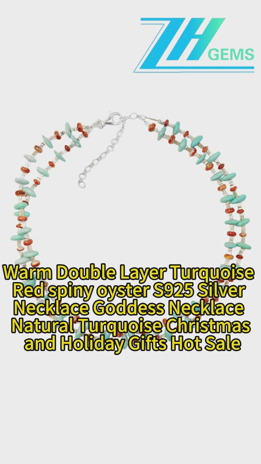 Warm Double Layer Turquoise Red Spiny Oyster S925 Silver Necklace Goddess Necklace Natural Turquoise Christmas