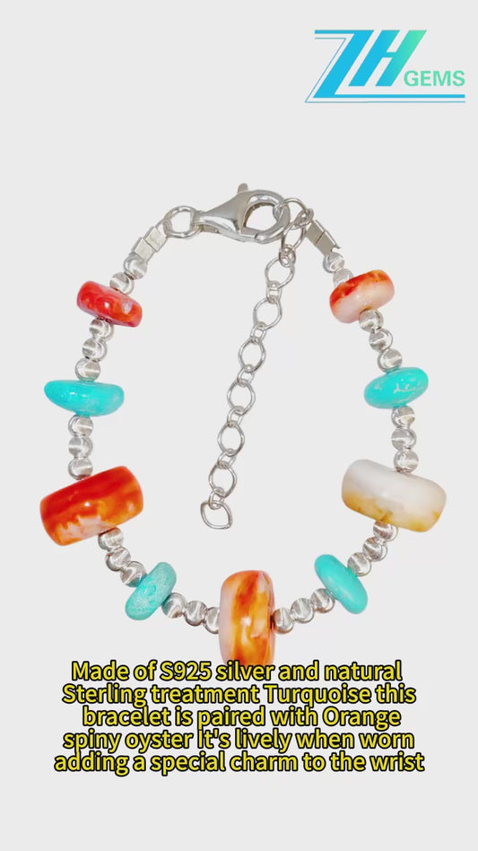 Made Of S925 Silver And Natural Sterling Treatment Turquoise This Bracelet Is Paired With Orange Spiny Oyster