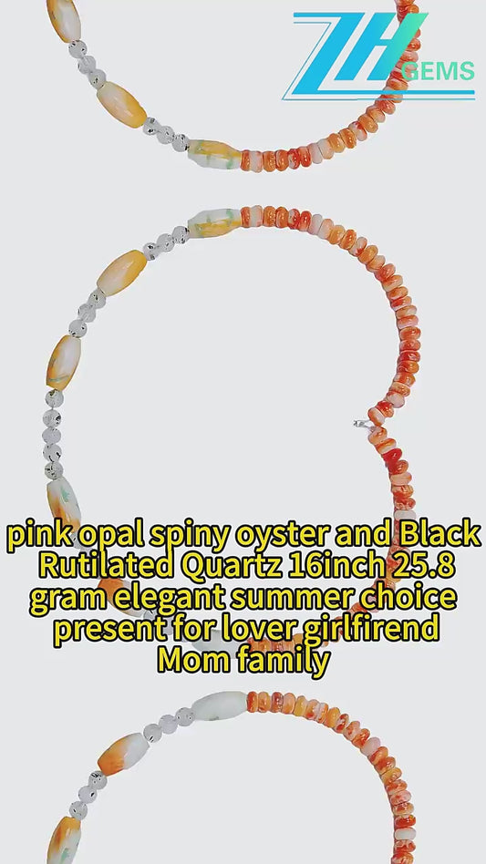 Pink Opal Spiny Oyster And Black Rutilated Quartz 16inch 25.8gram Elegant Summer Choice Present For Lover Mom Family