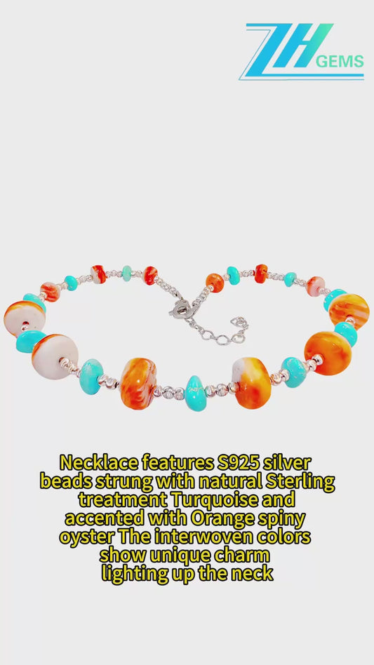 Necklace Features S925 Silver Beads Strung With Natural Sterling Treatment Turquoise And Accented With Orange Spiny Oyster