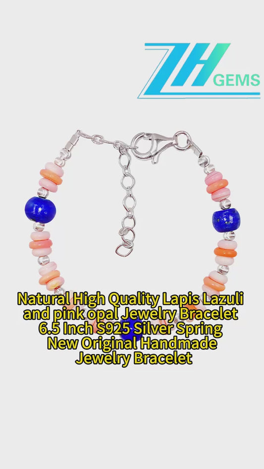 Natural High Quality Lapis Lazuli And Pink Opal Jewelry Bracelet 6.5 Inch S925 Silver Spring New