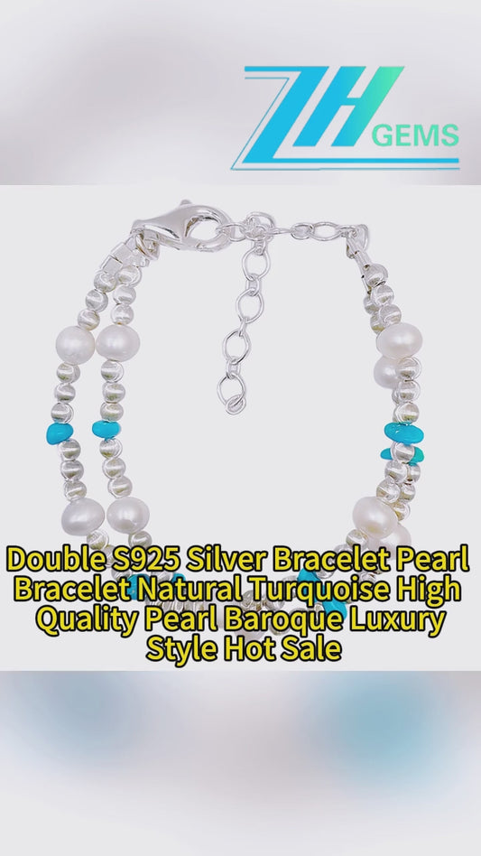 Double S925 Silver Bracelet Pearl Bracelet Natural Turquoise High Quality Pearl Baroque Luxury Style Hot Sale