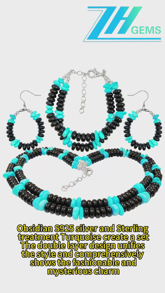 Obsidian S925 Silver Sterling Treatment Turquoise Create Set Double Design Unifies Style Comprehensively Fashionable Mysterious