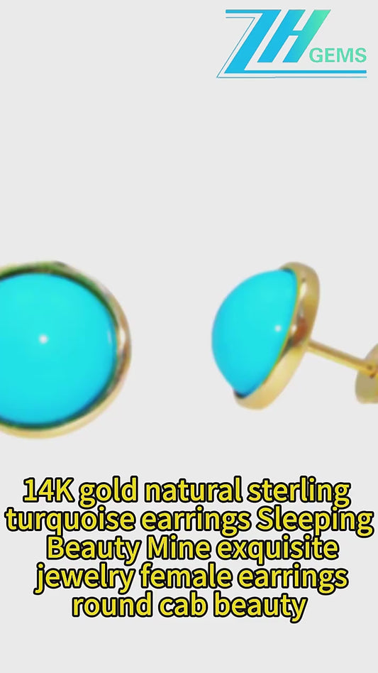 14k Gold Natural Sterling Turquoise Earrings Sleeping Beauty Mine Exquisite Jewelry Female Earrings Round Cab Beauty